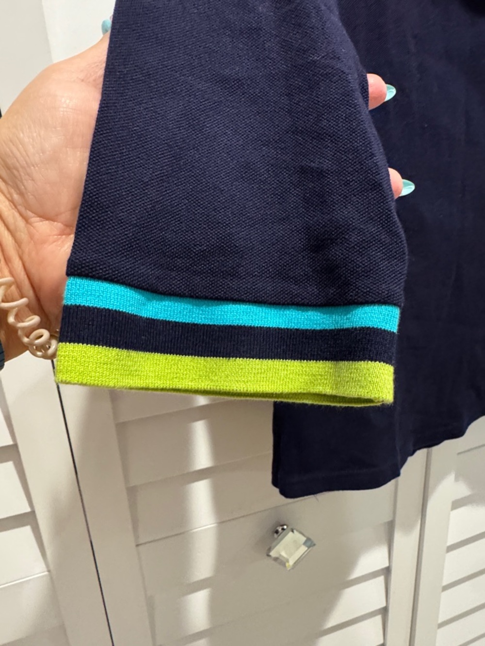 Lacoste Navy 3/4 Sleeve Top with Bright Blue and Lime Trim - Picture 3 of 8